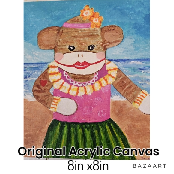 Original Art/ Acrylic Canvas/ 8in x8in/ Sock Monkey Hula - Picture 7 of 7